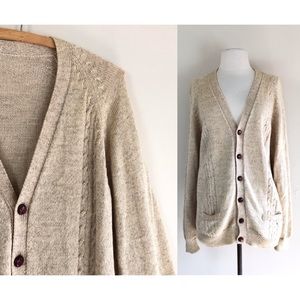 vintage 50s grandpa cardigan wool tan ivory cream cable knit sweater 60s 70s mod